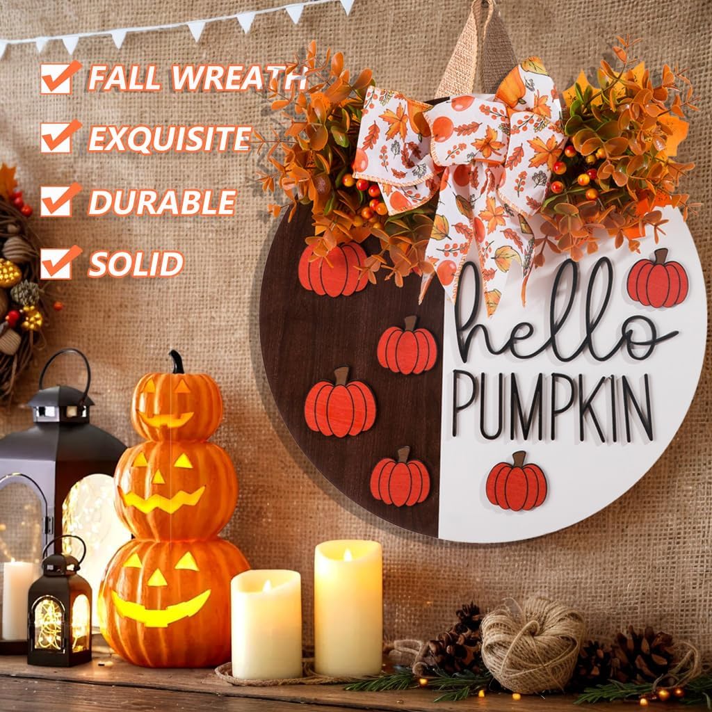 3D Hello Pumpkin Wooden Sign, Fall Outdoor Wreath for Front Door with Bow & Wreath | Fall Autumn Harvest Farmhouse Hanging Decor | Indoor Outdoor Porch, Wall, Home Decor