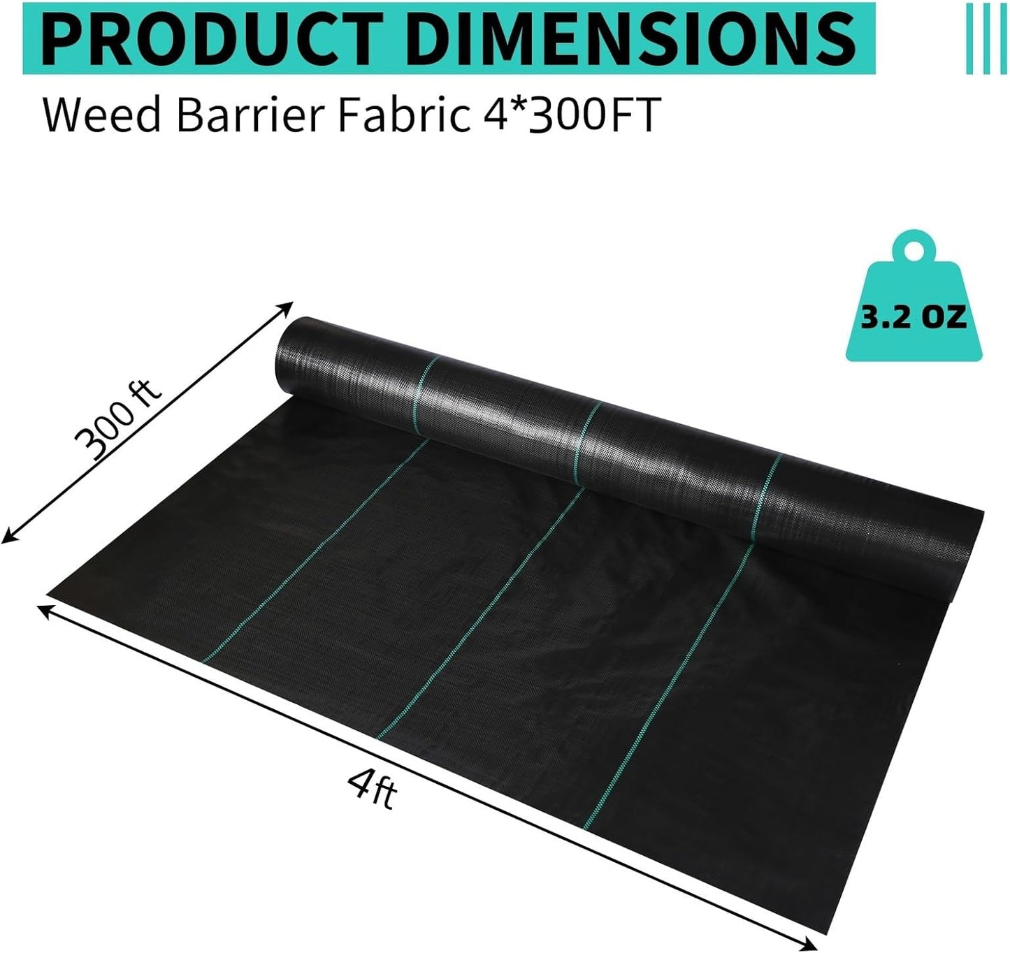 4ftx300ft Heavy Duty Weed Barrier Landscape Fabric – Durable Woven Driveway Garden Cloth for Weed Control, Ground Cover, Landscaping – Long-Lasting Geotextile Fabric – 3.2oz