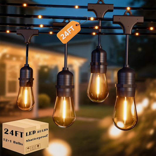Outdoor String Fairy Lights, 24ft Dimmable Patio Lights with 12+1 S14 Retro Edison Bulbs & 72 Fairy Rope, IP65 Waterproof, LED Outside Hanging Light for Backyard Gazebo Bistro, 10 Strands Connectable