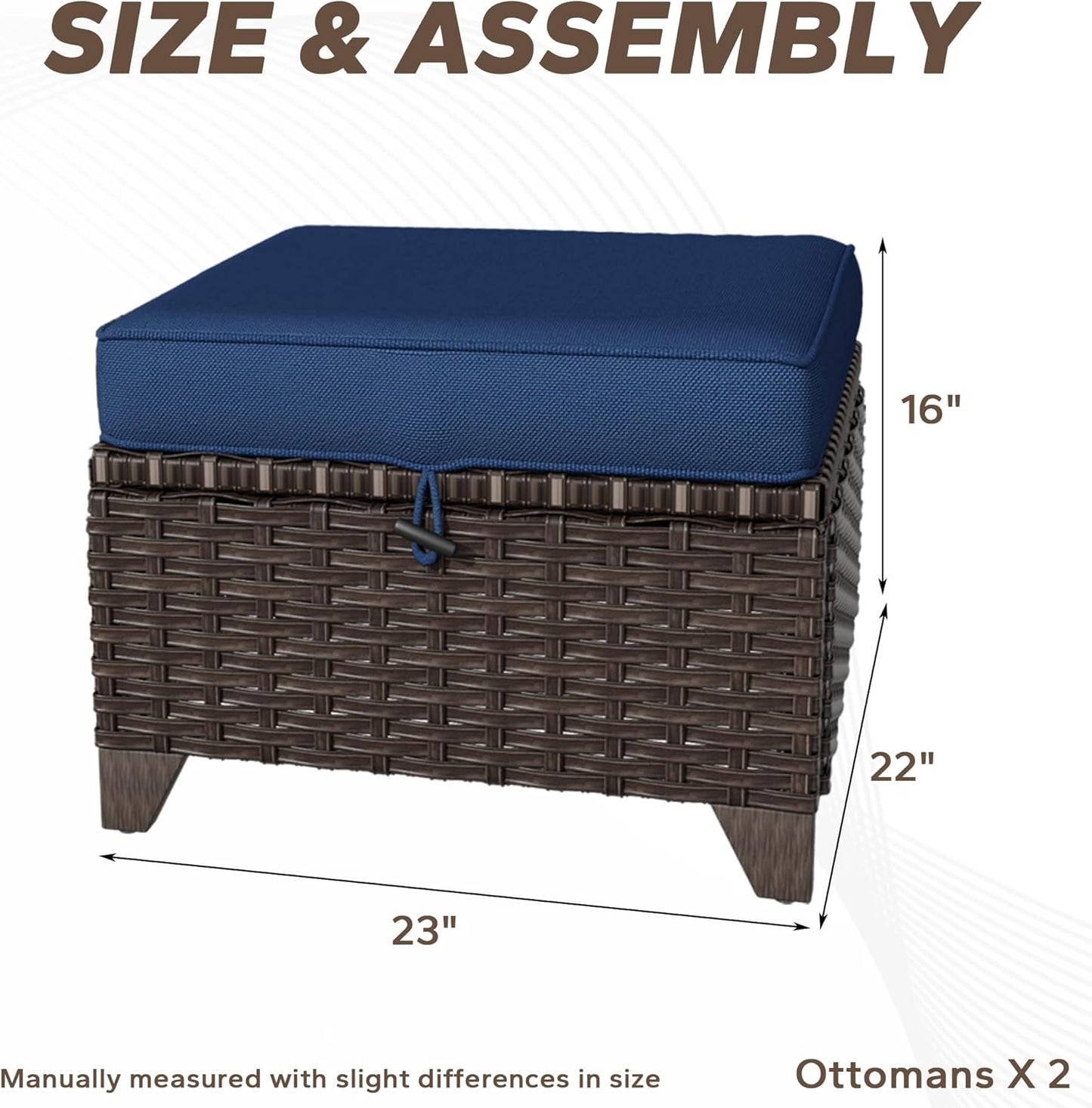 2 Pieces Patio All-Weather Wicker Ottomans with Cushions, PE Rattan Outdoor Conversation Furniture Set for Backyard, Deck, Lawn (Navy Blue)