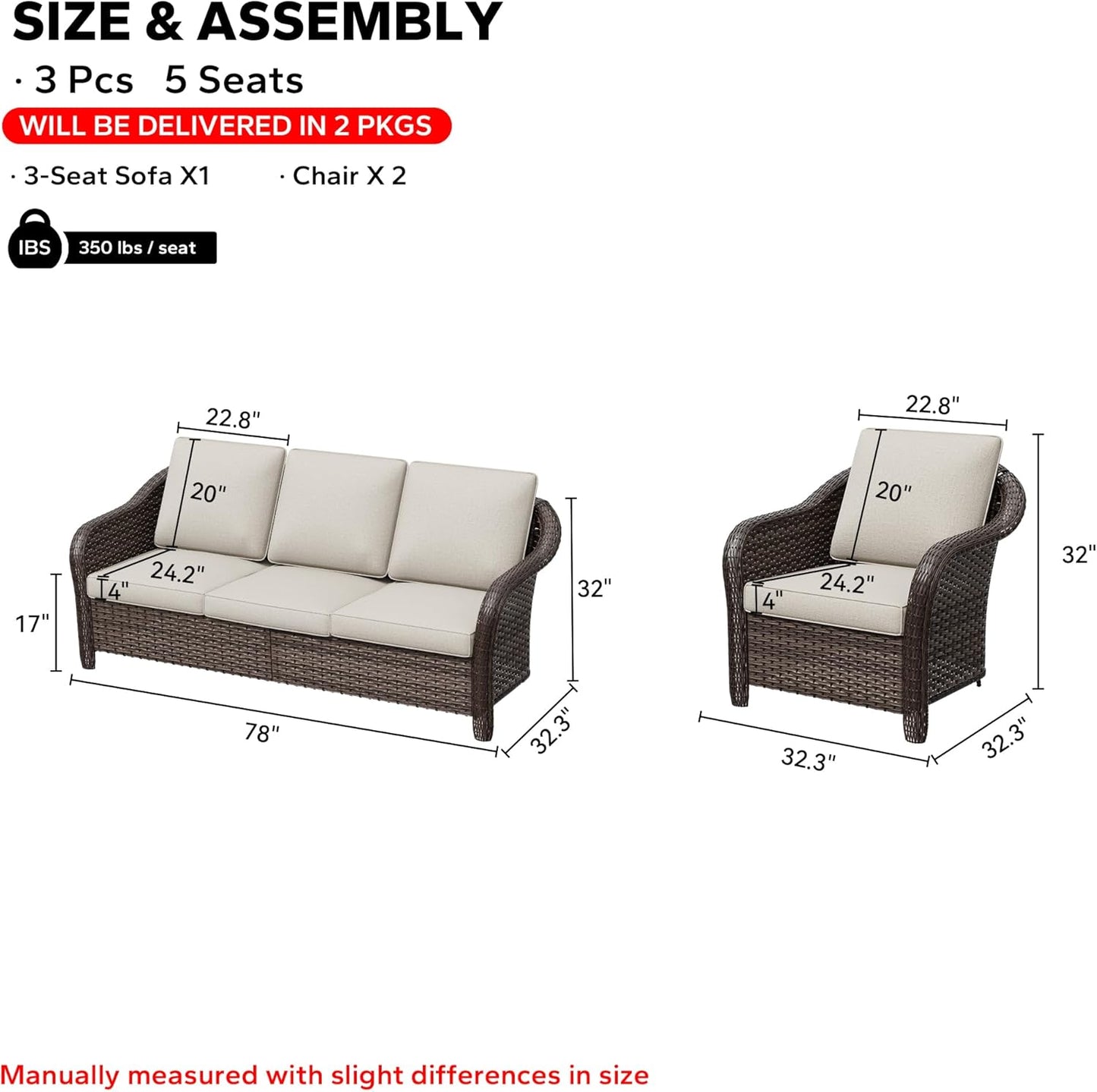 3 Pieces Outdoor Patio Conversation Set, 78" Couch, 2 Chairs, Rattan Wicker Conversation Furniture with Removable Cushions for Bistro, Deck (Beige)