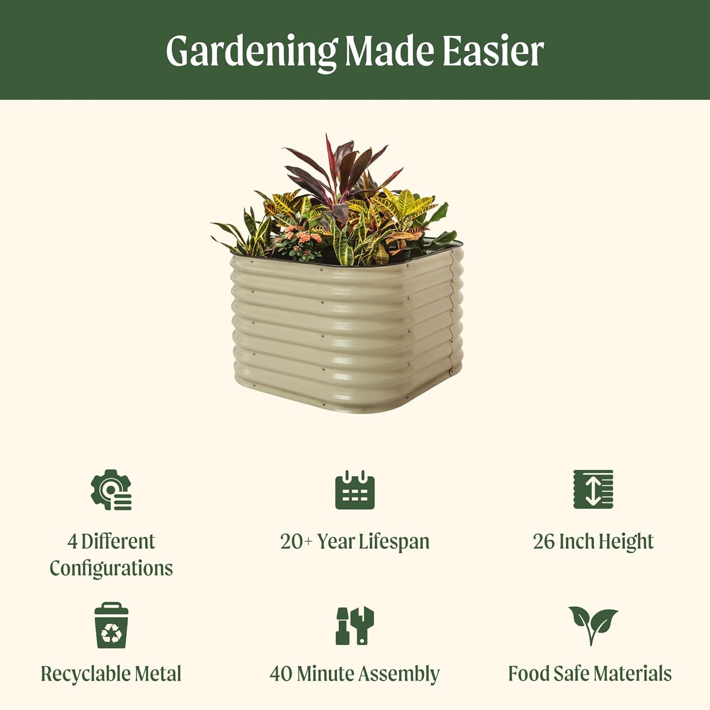 Vego garden 26" Extra Tall Raised Garden Bed Kits, 4 in 1 Modular Raised Planter Box for Vegetables Flowers Fruits Oval Metal Raised Garden-Olive Green