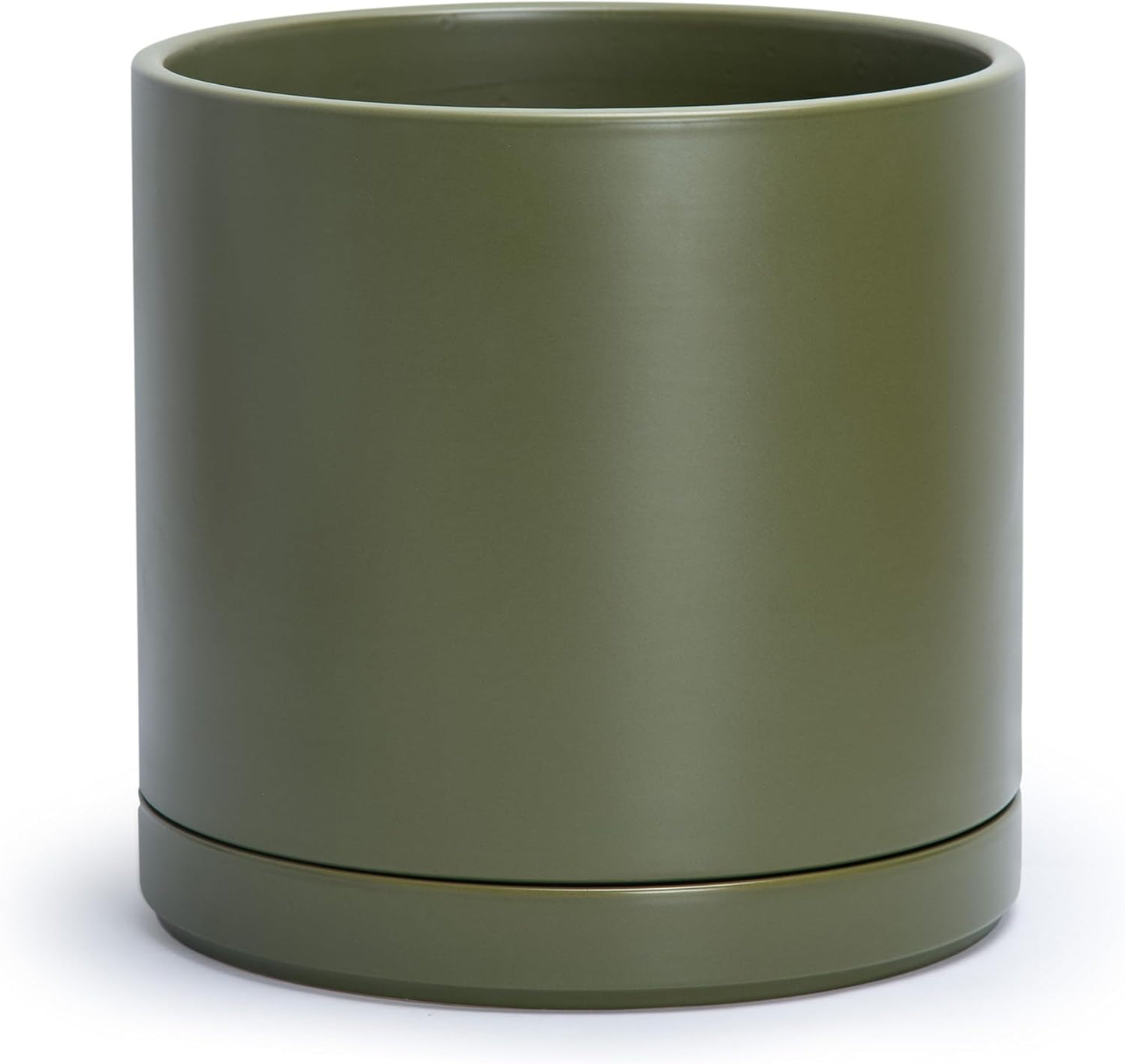 D'vine Dev 12 Inch Ceramic Planter Pot with Drainage Hole and Saucer, Indoor Cylinder Round Planter Pot, Olive, 94-O-F-J