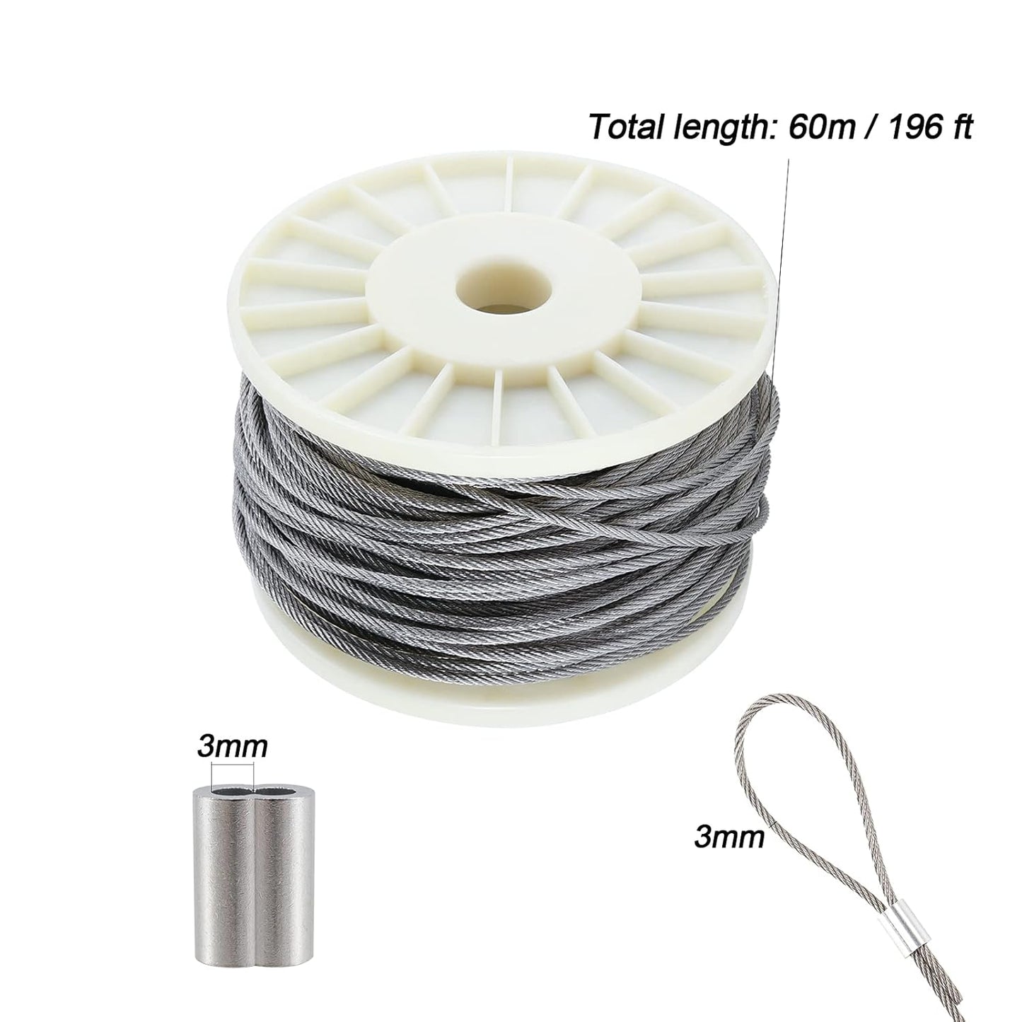 1/8 Inch 200 FT 316 Stainless Steel Wire Cable, 7x7 Inch Aircraft Cable, Wire Rope 100 PCS Strand Construction Braided with Crimping Sleeves, 660lbs/300kg Breaking Strength