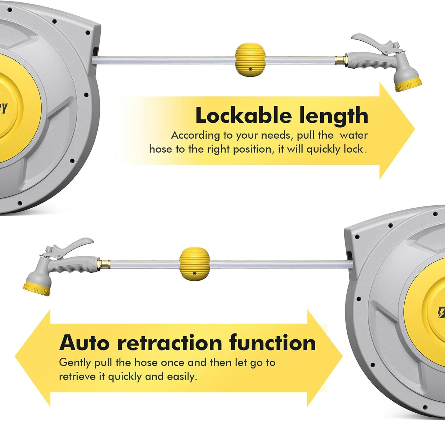 BLUBERY 130+6.7ft x 1/2" Retractable Garden Hose Reel, 40.8LB Super Heavy Duty, Any Length Lock, Slow Return System, Wide Handle, Wall Mounted and 180° Swivel Bracket, GHR02A