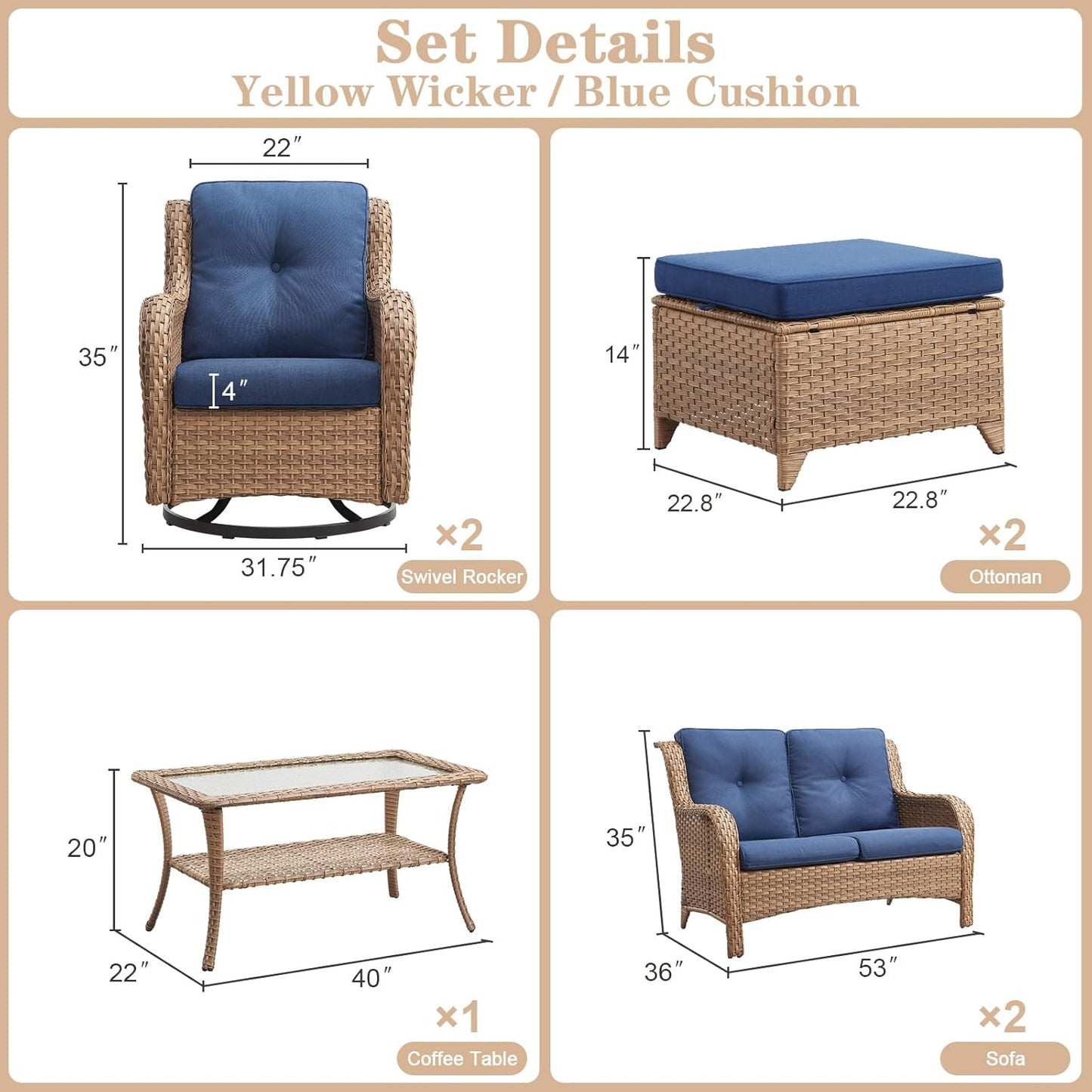 Wicker Outdoor Furniture Patio Furniture Set - 6 Piece Patio Conversation Set with Swivel Rocker Chairs, Loveseat Sofa, Ottomans and Coffee Table, Blue Cushion