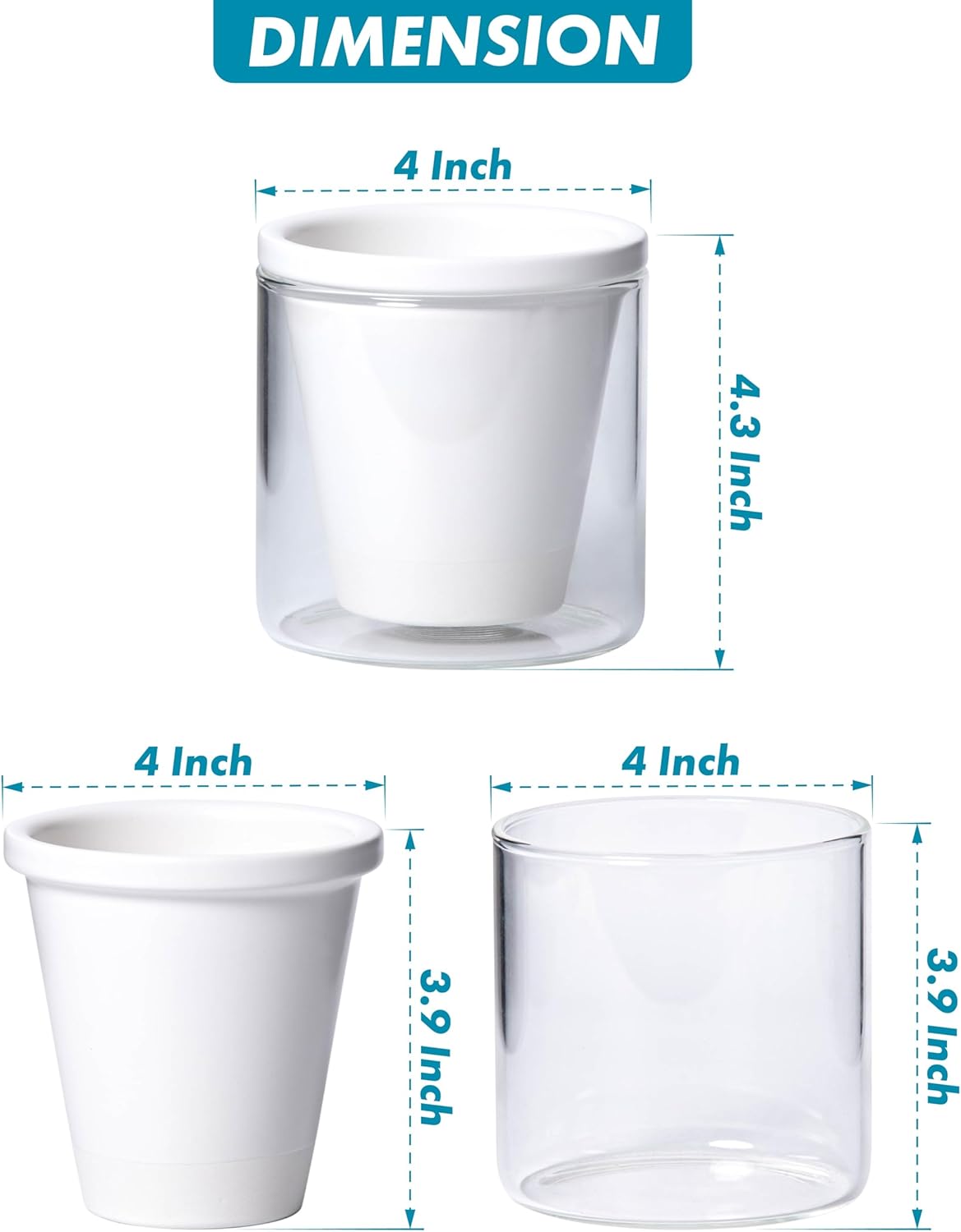 D'vine Dev 4 Inch Design Self Watering Planter for Indoor Plants, White Terracotta Pots with Cylinder Glass Cup, Set of 4, 37-Z-A-2-F