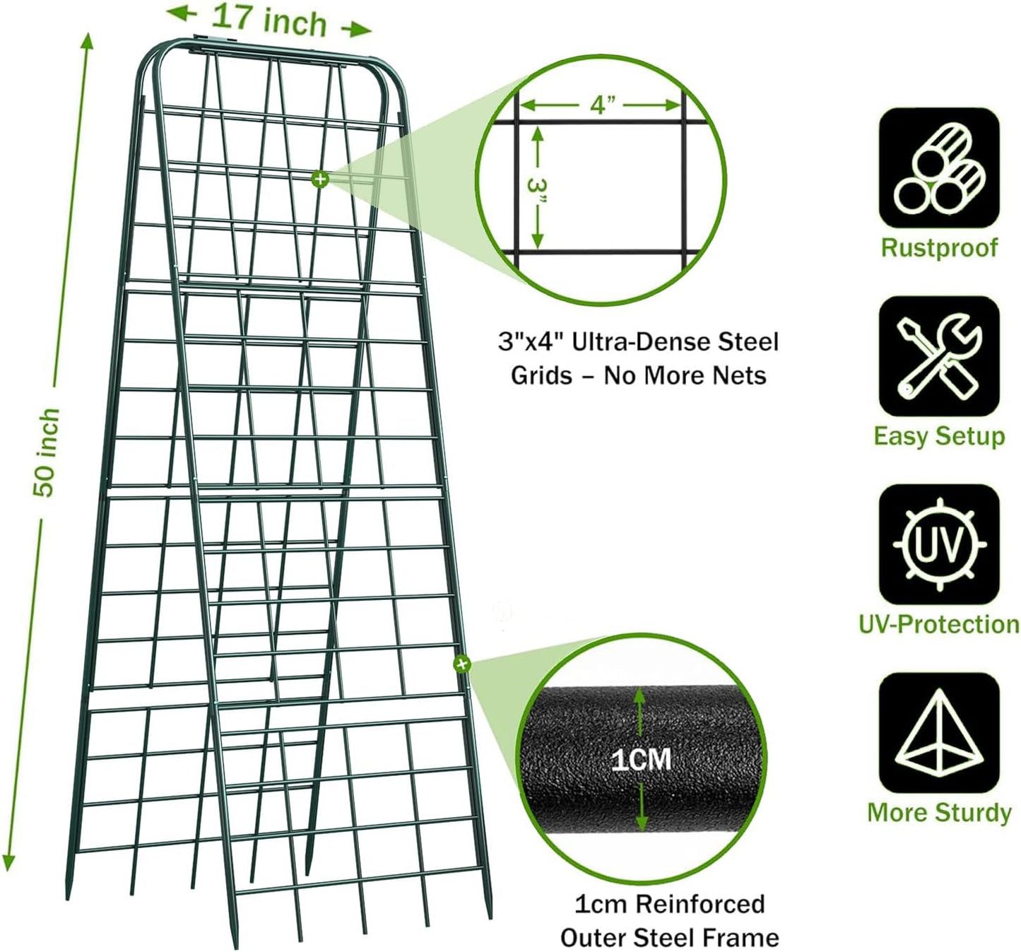 Heavy Duty 50"x17" Adjustable A-Frame Trellis for Climbing Plants – Rust-Proof Metal Garden Trellis with Dense Grid Design, Perfect for Raised Beds, Tomatoes, Cucumbers & Outdoor Vines (Green, 2 Pcs)