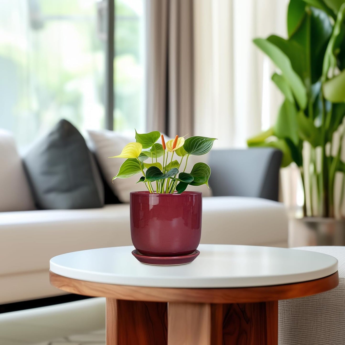 Ceramic Plant Pot - 5 Inch Modern Round Planter for Indoor Plants with Drainage Hole and Saucer, Patio Office House Room Bathroom Decor, Red