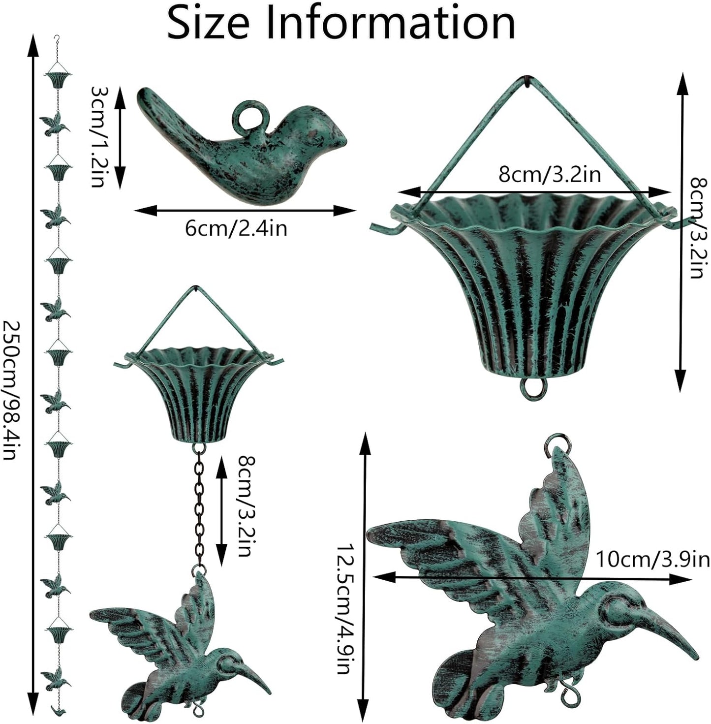 Rain Chain 8 FT,Wrought Iron Rain Chains for Gutters,Rain Chains for Outside with Hummingbird and Cup Rain Chains,Rainwater Catcher Chain, Outdoor Garden Decor(Antique Blue)