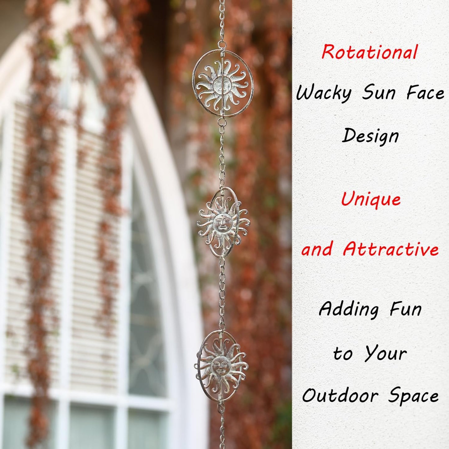 Sun Face Rain Chains, 8.5 Feet Length, Rain Gutter Chains, Functional and Decorative Replacement for Gutter Downspouts, Metal Loop Rain Catcher Chain, Rain Chains for Outside Garden Balcony Porch