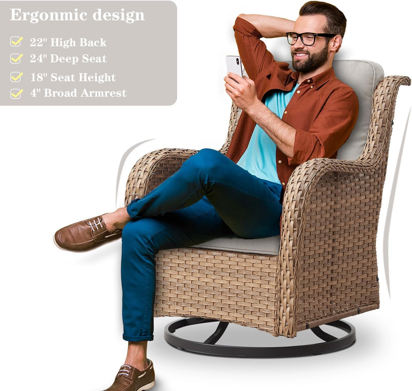 5 Pieces Patio Furniture Sets Wicker Outdoor Furniture, Rattan Patio Swivel Glider Chairs with 2 Ottoman and Glass Side Table, Yellow Wicker