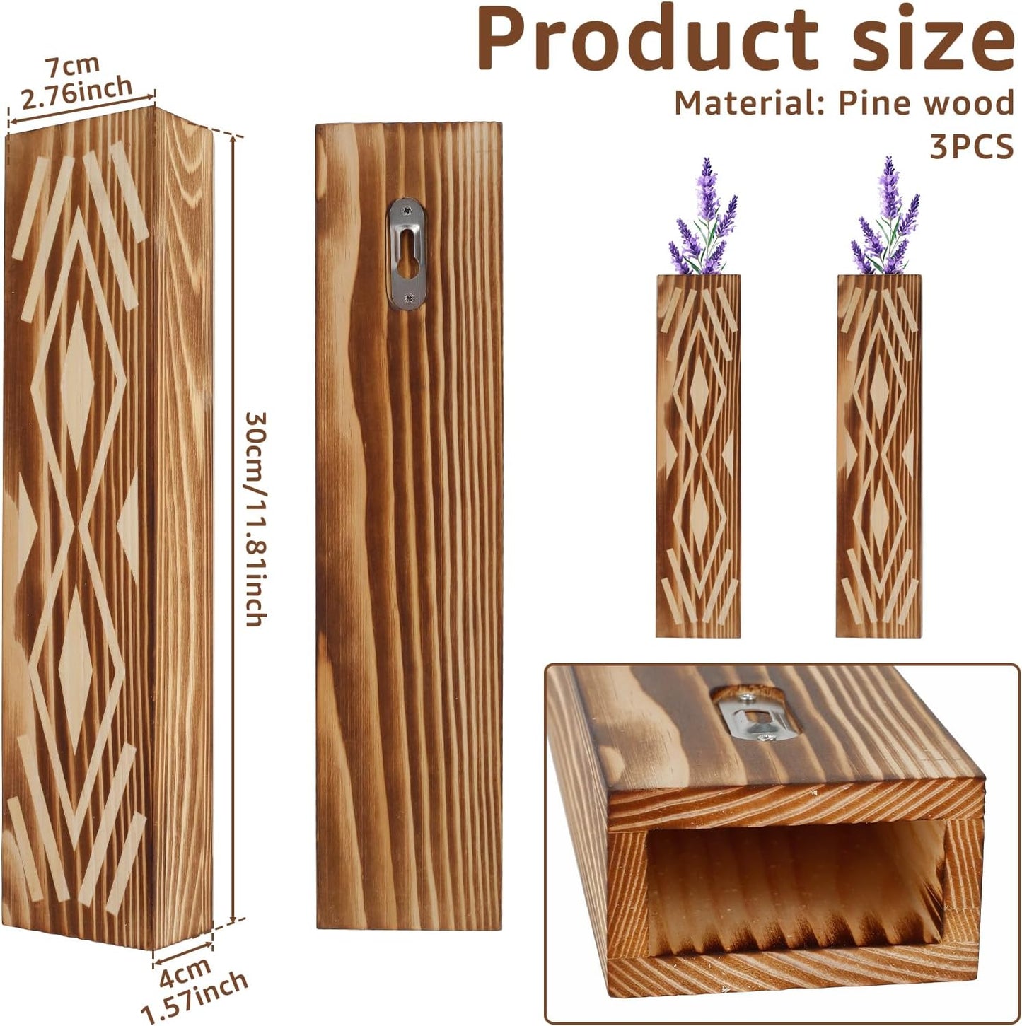 3PCS Wood Wall Planter for Indoor Plants, Wall Planter Vase, Stylish Wood Hanging Vase, Decorative Wood Wall Pocket Vase, Rectangular Hanging Planter for Living Room Bedroom Office(Brown)