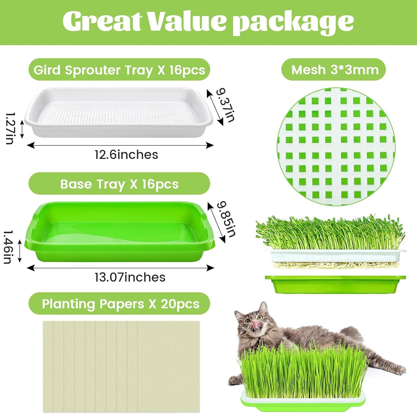 Legigo 16 Pack Green Seed Sprouter Trays- Soil-Free Cultivation Germination Tray, BPA Free Nursery Tray with Planting Paper for Indoors or Outdoors Sprouting Seeds, Grow Grass, Beans and More