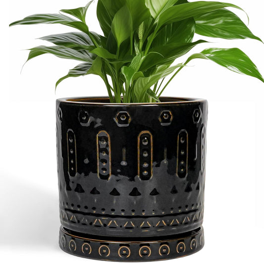 Ceramic Pot for Plants - 8 Inch Plant Pots Indoor with Drainage Hole and Saucer, Decorative Round Planter Outdoor, Boho Ceramic Planter for Flower, House Garden Decor, Gardening Gifts, Black