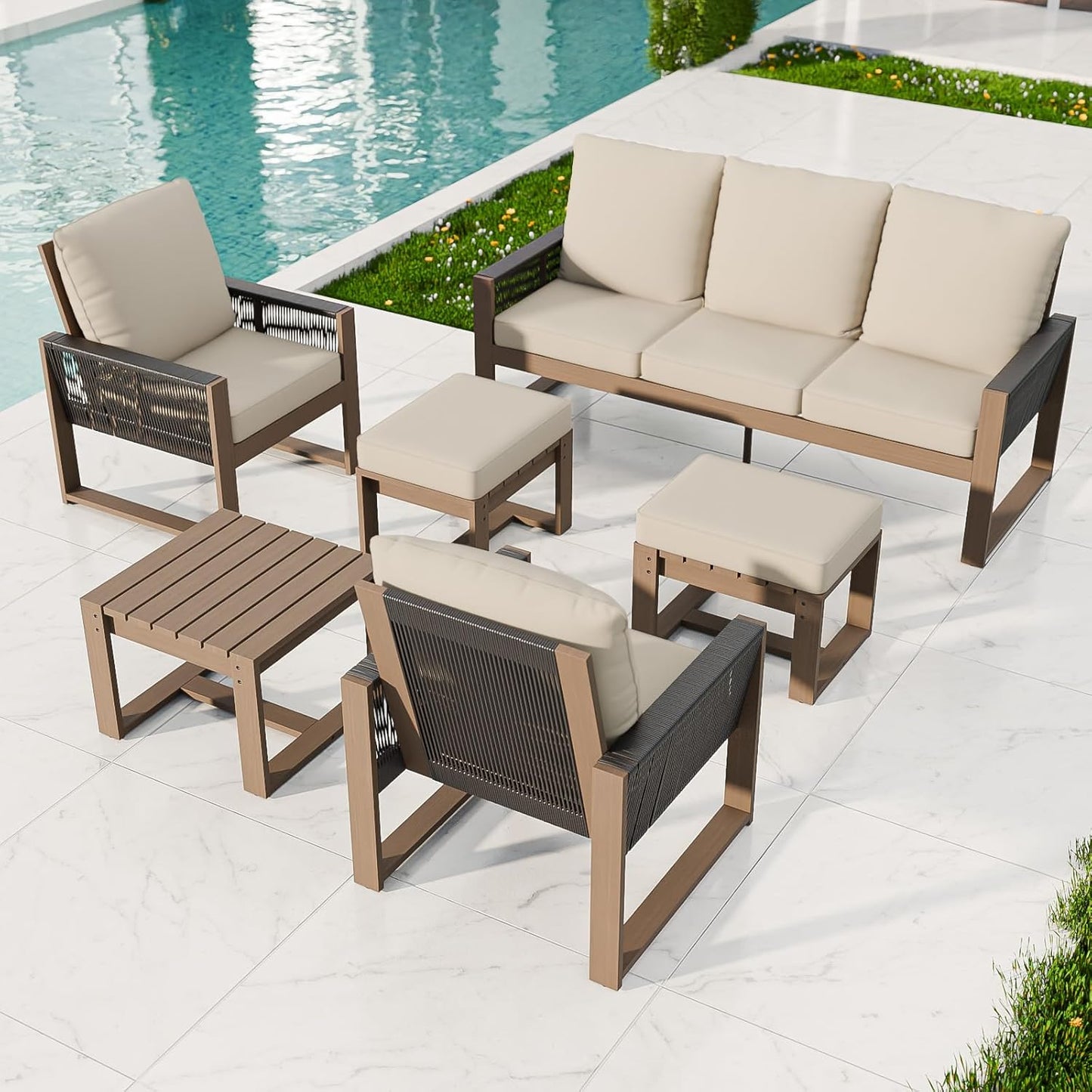 EAGLE PEAK Natural Wood Outdoor Patio Furniture, Cedar Furniture, Conversation Set, Outdoor Seating for Deck Patio Porch, Sofa 2 Chairs 2 Ottomans & Side Table, 6 Pieces, Brown/Beige