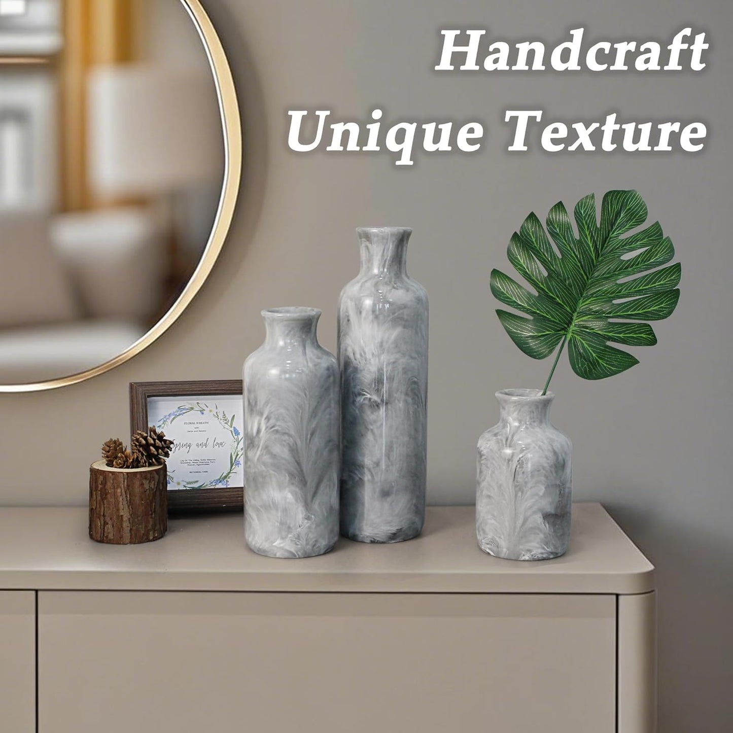 Resin 3 Piece Vase Set, Farmhouse Decor, Home Decorative Vase, Vases for Your Kitchen, Bedroom, Office, Living Room, Bathroom, & Shelf Centerpiece Table Decorations, Grey