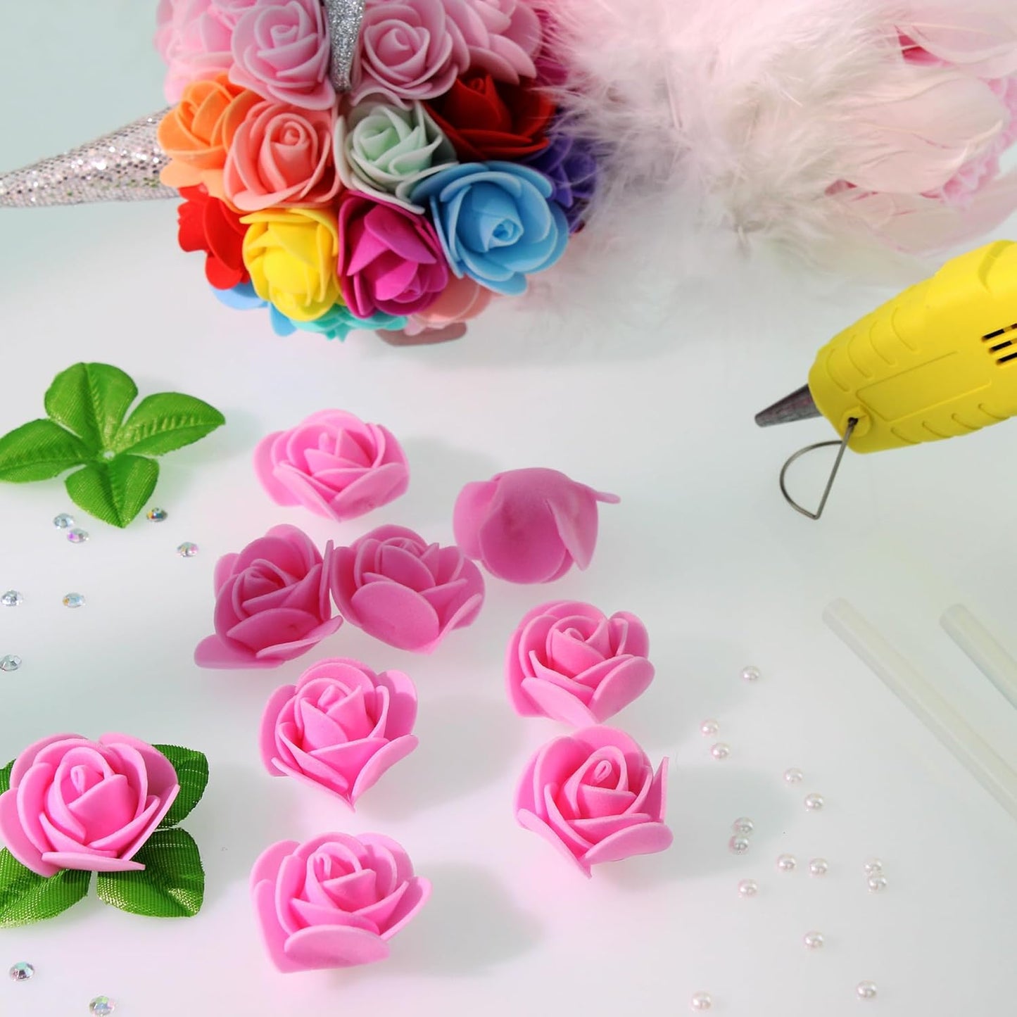 500 Pcs 1.4 Inch Mini Artificial Flowers Head Bulk 5 in 1 Set Faux Foam Fake Small Rose Tiny Baby Flores Bouquet Cake Gift Home Decoration DIY Craft (Pink)