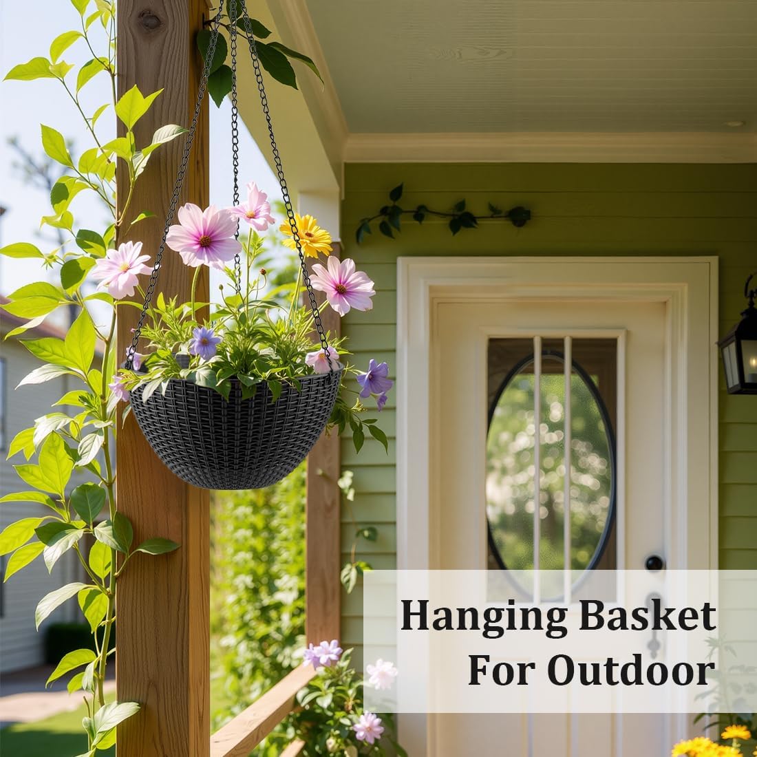 Hanging Planters for Indoor Outdoor Plants 8 and 10 Inch, 4 Packs Plant Hanger with Drainage Holes, Hanging Basket Flower Pot Perfect for Home, Office and Garden, Black