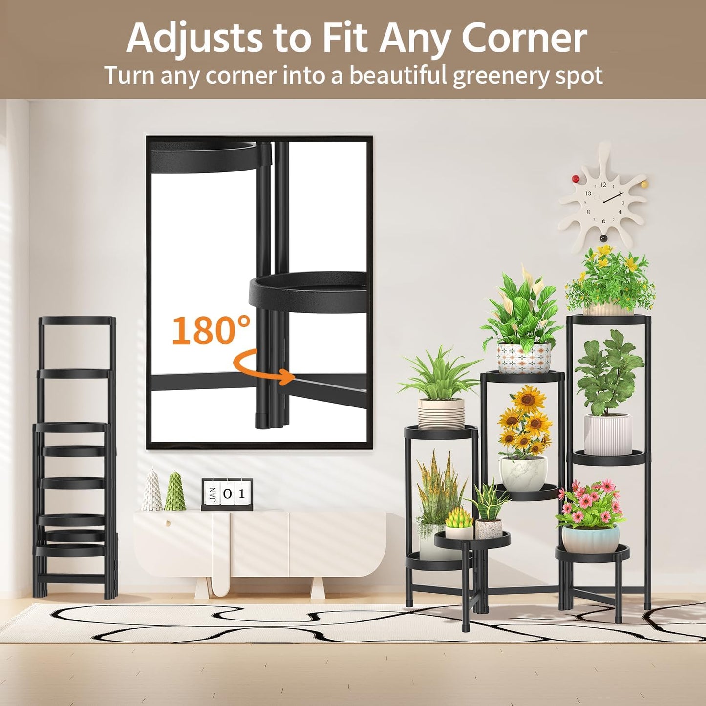 LASZOLA 8 Tiered Folding Plant Stand Indoor for Multiple Large Planter, Tall Heavy Duty Adjustable Rack with Rust Proof Plastic Shelving, Sturdy Vertical Tree Organizer for Narrow Inside Floor, Black