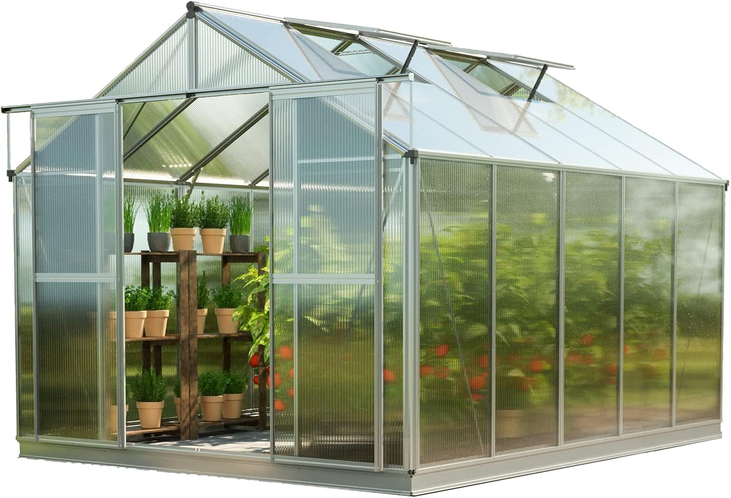 Greenhouse Topas 5 Aluminum Frame 7.4 x 10.6 ft Approx. 6 mm Polycarbonate Panels - with Bonus Base Frame and Automatic Vent Opener