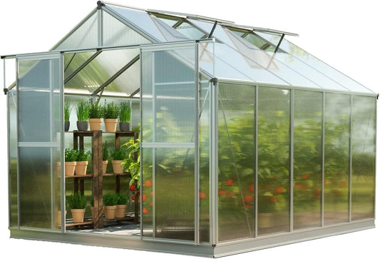 Greenhouse Topas 5 Aluminum Frame 7.4 x 10.6 ft Approx. 6 mm Polycarbonate Panels - with Bonus Base Frame and Automatic Vent Opener