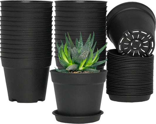 4 inch Small Plant Pots, 28 Pack Plastic Planters with Drainage Holes and Saucers for Flowers Plants, Succulents, Seed Starting Pots, Black