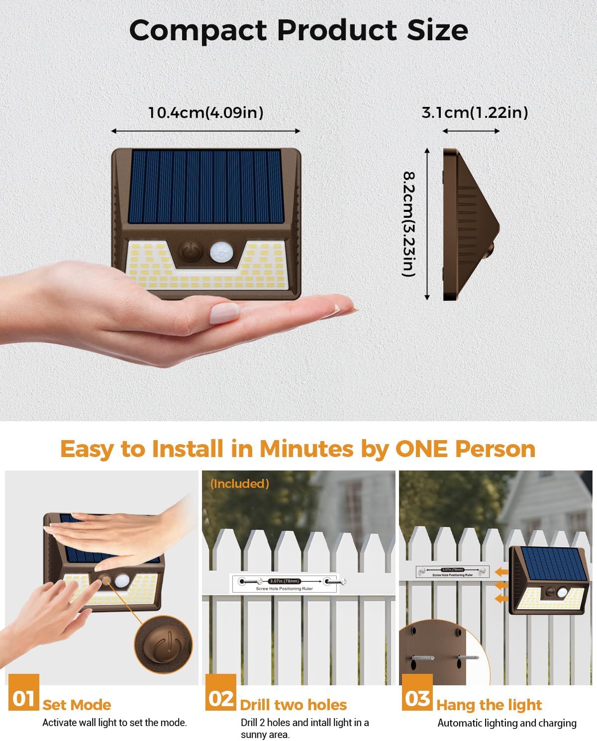 12 Pack Solar Fence Lights Waterproof, Motion Sensor Deck Lights Outdoor, Cold White LED Outside Lamp Wireless for Wall Yard Steps Stairs Garden - Brown