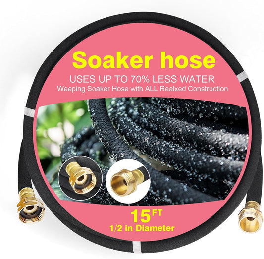 Soaker Hose 15 FT Pro for Garden Beds 1/2 Inch Rubber Longer Lasting Drip Irrigation Save 70% of Water Various Accessories Great for Lawn and Yard