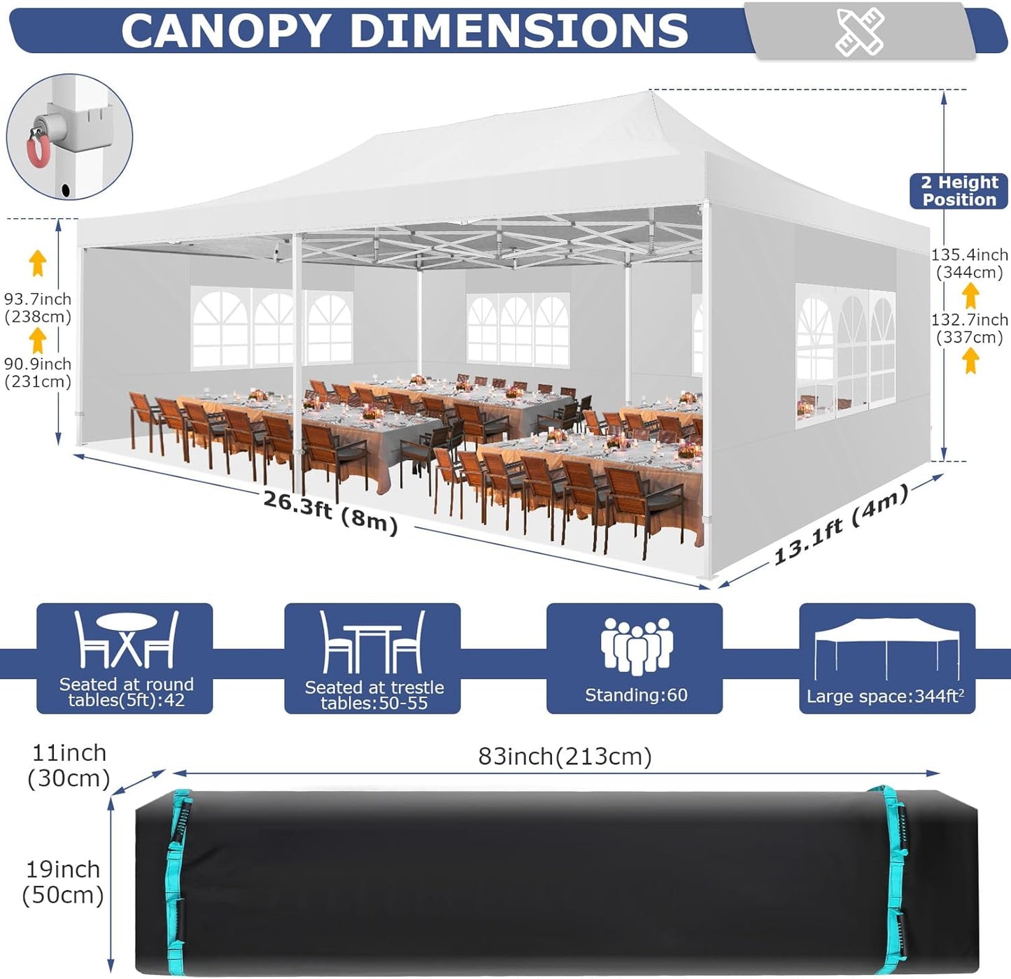 COBIZI 13x26 Pop up Canopy Heavy Duty with 6 Sidewalls, Easy Set-up Commercial Outdoor Party, 100% Waterproof Wedding Canopy Gazebo, 2 Height Adjustable with Wheeled Bag,White