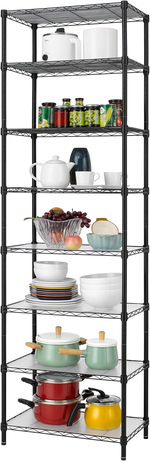 Finnhomy 8-Tier Wire Shelving Unit Adjustable Steel Wire Rack Shelving, 80.7 Inches Height 8 Shelves Metal Storage Rack, Pantry Shelves for Storage with PE mat, NSF Certified, Black