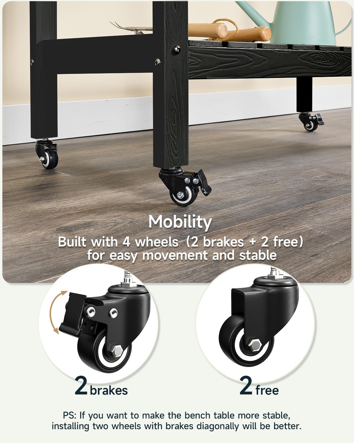 HDPS Outdoor Potting Bench with Sliding Tabletop/ 4 Wheels/Removable Sink, All-Weather Outside Garden Work Table, No Rust/Fade/Break, Potting Station for Porch, Patio & Backyard (Black)