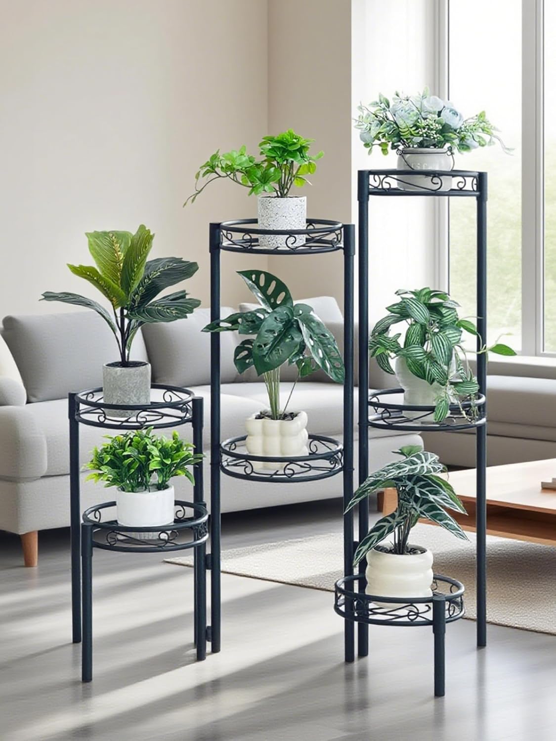 7 Tier Plant Stand, Tall Metal Wrought Iron Plant Shelf Holder for Indoor, Outdoor Folding Tall Display Rack Flower Pot Stand for Corner Living Room Balcony Garden Patio - BlackCircle