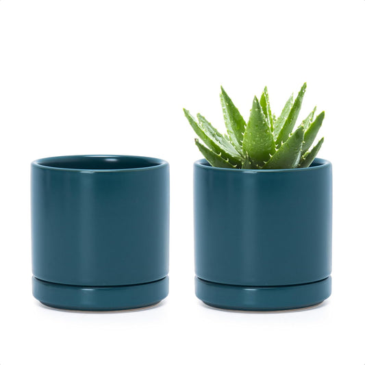 D'vine Dev Set of 2 Plants Pots, 3.5 Inch Ceramic Planter Pot for Plants with Drainage Hole and Saucer, Teal, 94-V-A-9