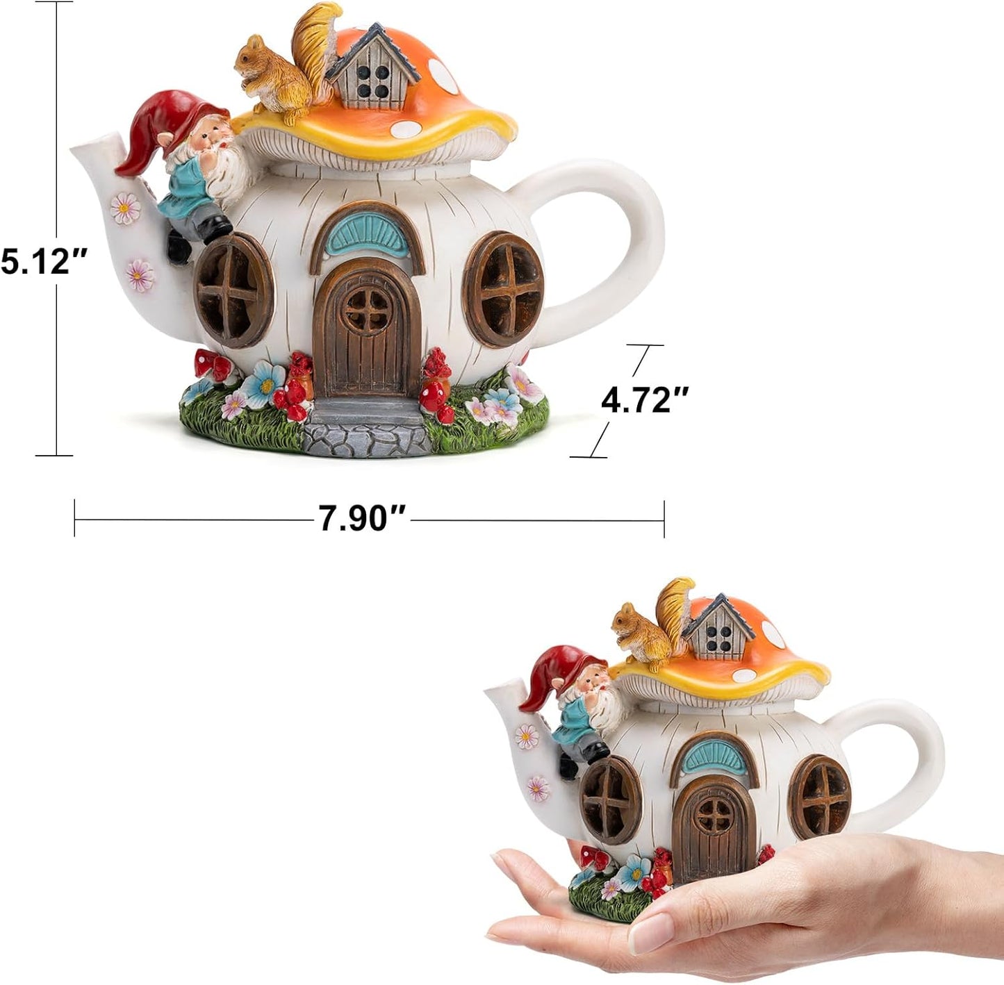 Mushroom Fairy House Garden Decor Solar Light – Outdoor Gnome Statue with Squirrel, Resin Teapot Decorative Figurine for Patio, Lawn, Yard & Balcony, for Women, Mom, and Home