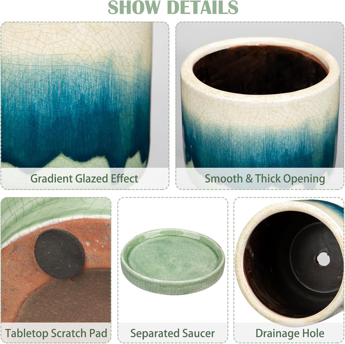 Oairse Ceramic Pot for Plants 5.5 inch Pots for Plants Small Planter Pot with Drainage Hole and Saucers Gradient Dark Teal Outdoor Inoor Flower Pots for Succulent, Cactus, Snake Plant, Herb