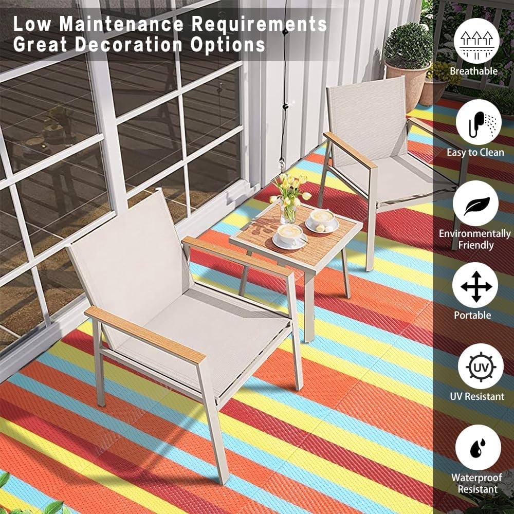 Outdoor Waterproof Rug 8'x10' Plastic Straw Rugs Washable Reversible Floor Mat Rainbow Stripe Carpet for Camping RV Deck Entryance Porch Picnic Balcony Beach Backyard