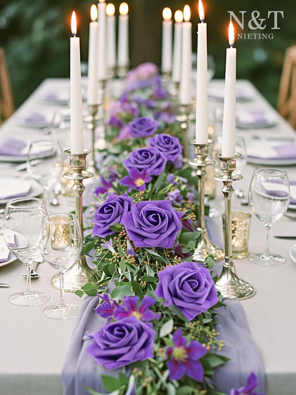 N&T NIETING Artificial Flowers Purple Roses, 25Pcs Fake Flowers Foam Roses with Stems for DIY Wedding Bridesmaid Bridal Bouquets Centerpieces Party Home Decoration Baby Shower