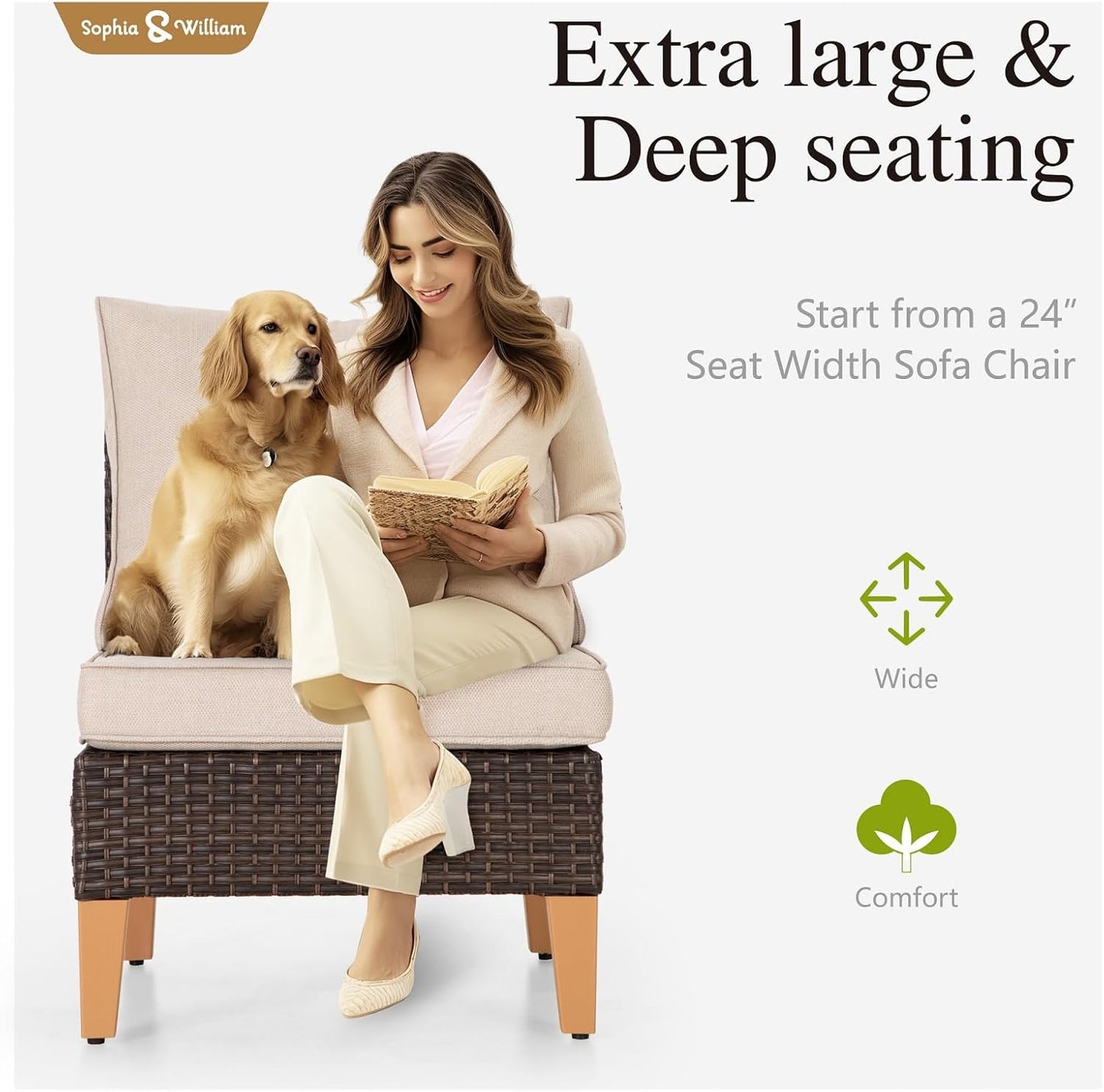 Sophia & William Half Moon Patio Furniture Set 7 Piece Outdoor Sectional Sofa Set, Wicker Patio Conversation Set with 2 Curved Sofa, 1 Armless Chairs, 2 Ottoman for Pool, Deck, Lawn (Beige)