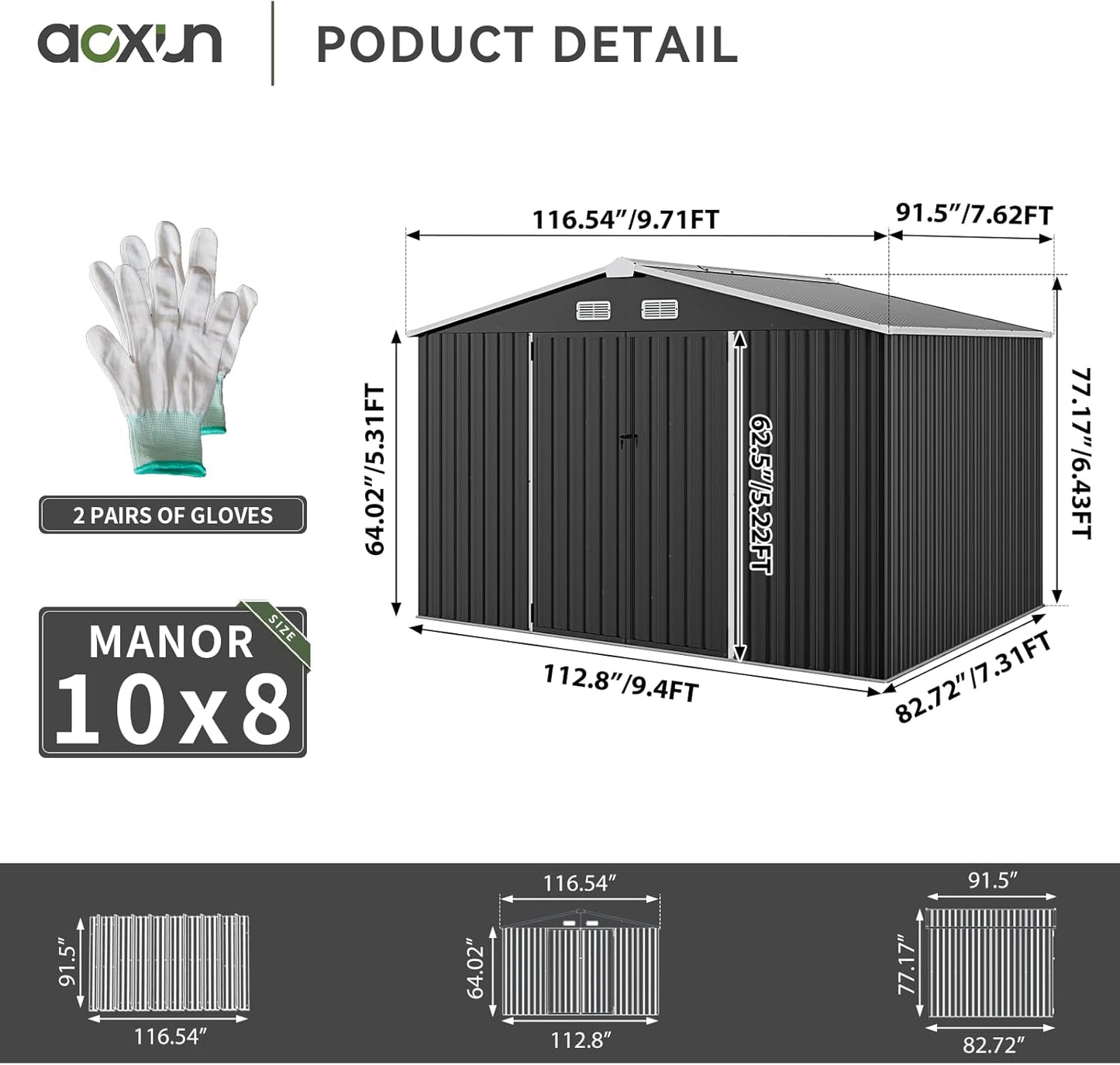 Aoxun 9.4x7.3x6.5 FT Outdoor Storage Shed, Garbage Can, Outdoor Metal Shed for Tool, Garden, Bike, Placed in Patio, Garden (Black)