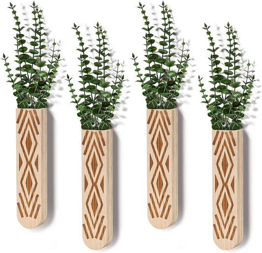 Wooden Wall Planter Set of 4 - Modern Bohemian Home Decor for Living Room, Bedroom, Bathroom - Beige Finish Planter for Dried Flowers, Faux Greenery, Indoor Plants
