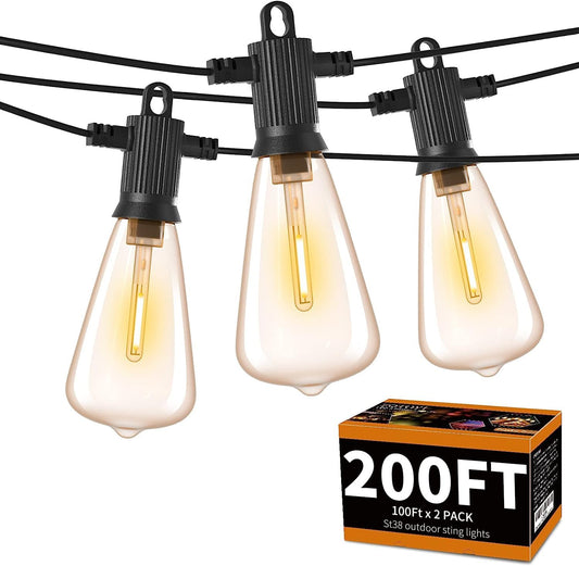 ZOTOYI Outdoor String Lights 200 FT, Waterproof IP65 Patio String Lights for Outside with 104 Shatterproof ST38 Bulbs(4 Spare), LED Hanging Lights for Bistro, Backyard, Garden 2700K(2-Pack 100FT)