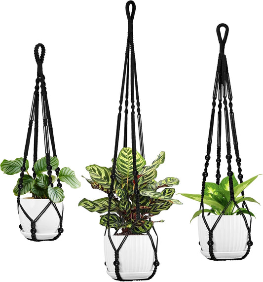 3 Pack Macrame Plant Hanger - 43"/35"/29" Different Sizes, Hanging Planter Basket Flower Pot Holder for Indoor Outdoor, with Wood Beads, Boho Home Decor, Black (POTS NOT Included)