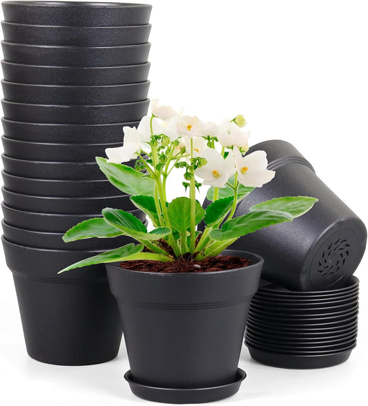 4 inch Small Plastic Nursery Pots, Seedling Pots - 16 Pack Plant Pots for Indoor & Outdoor Plants, Decorative Flower Pots with Drainage Holes and Saucers, Black