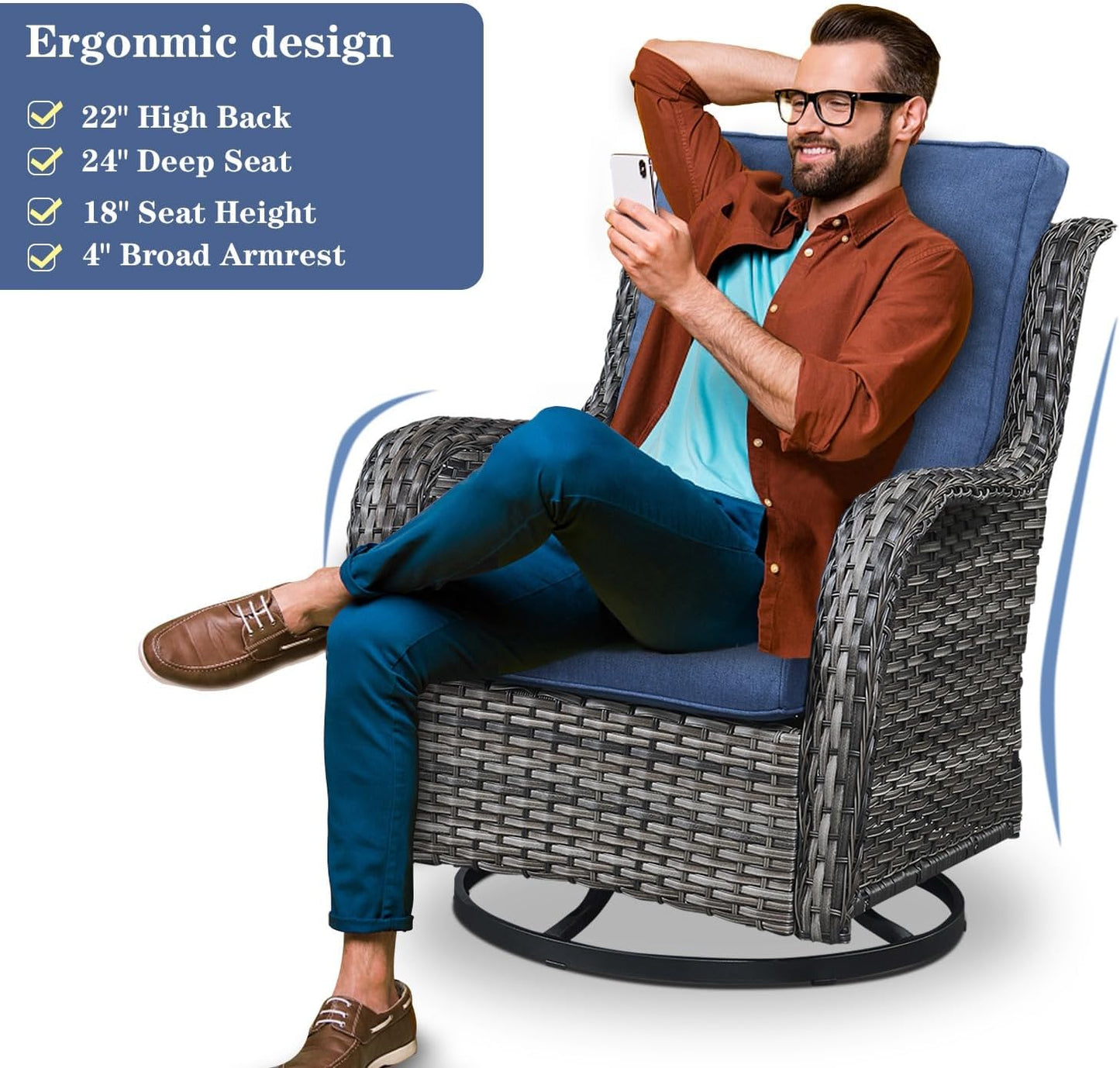 Wicker Outdoor Furniture Patio Furniture Set - 6 Piece Patio Conversation Set with Swivel Rocker Chairs, Rattan Sofa, Ottomans and Coffee Table, Blue Cushion