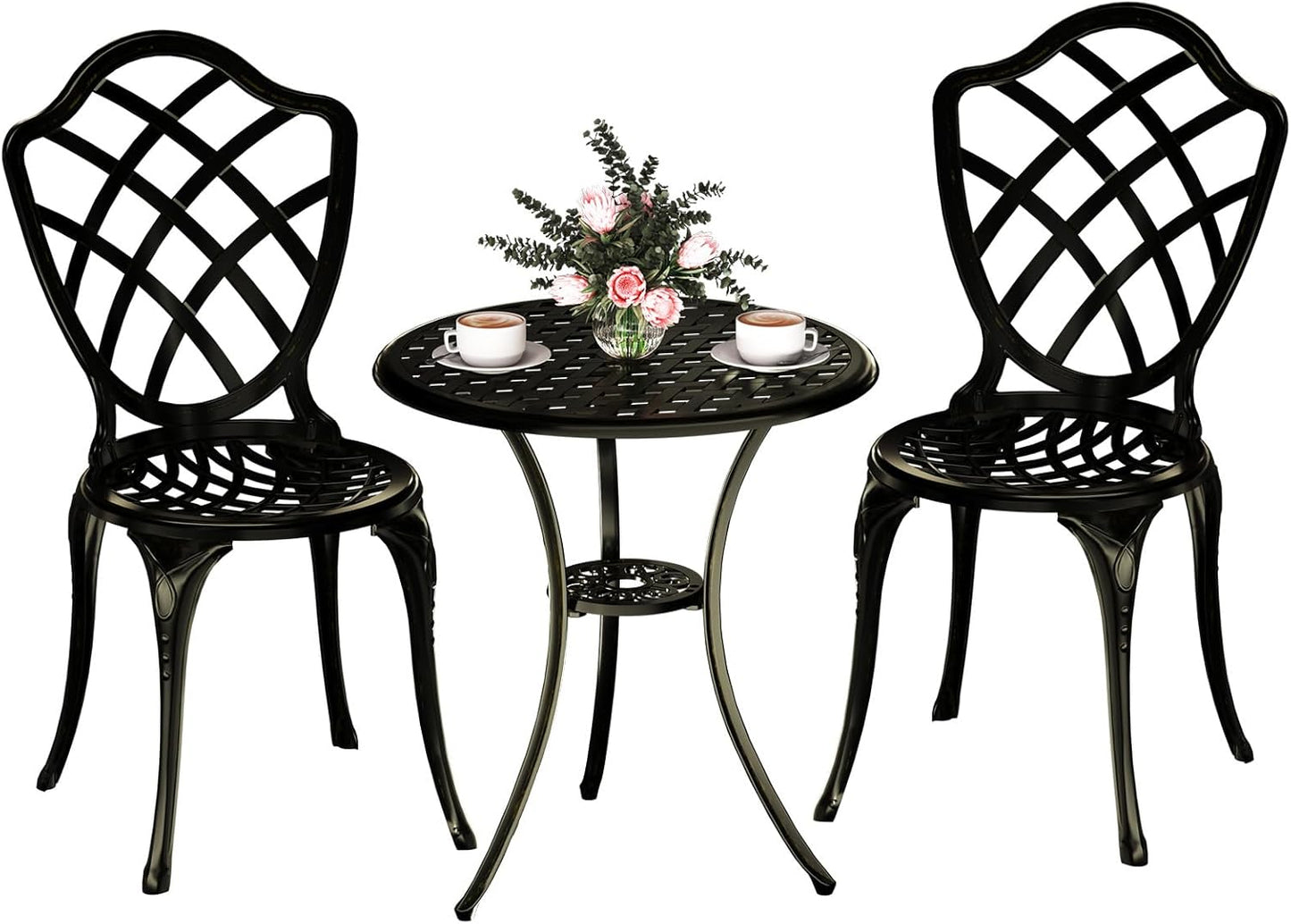 3 Piece Patio Bistro Set, Outdoor Bistro Table and Chairs Set of 2 w/Umbrella Hole, Rust-Resistant Cast Aluminum Bistro Set for Garden/Balcony/Backyard, Golden Bronze
