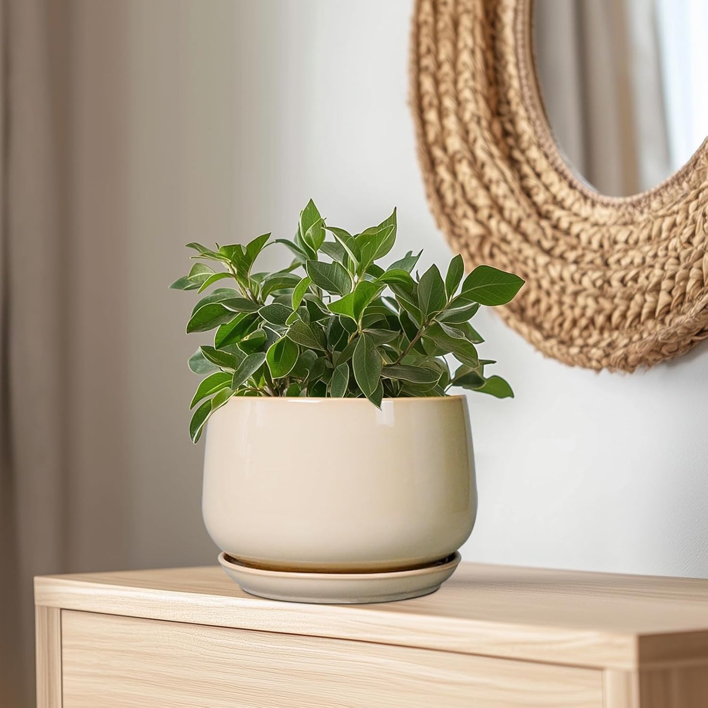 G EPGardening Ceramic Plant Pots - 9 Inch Round Planter, Ceramic Flower Pots with Drainage and Saucer, Modern Indoor Outdoor Planter, Room Decor, Home Gifts, Beige