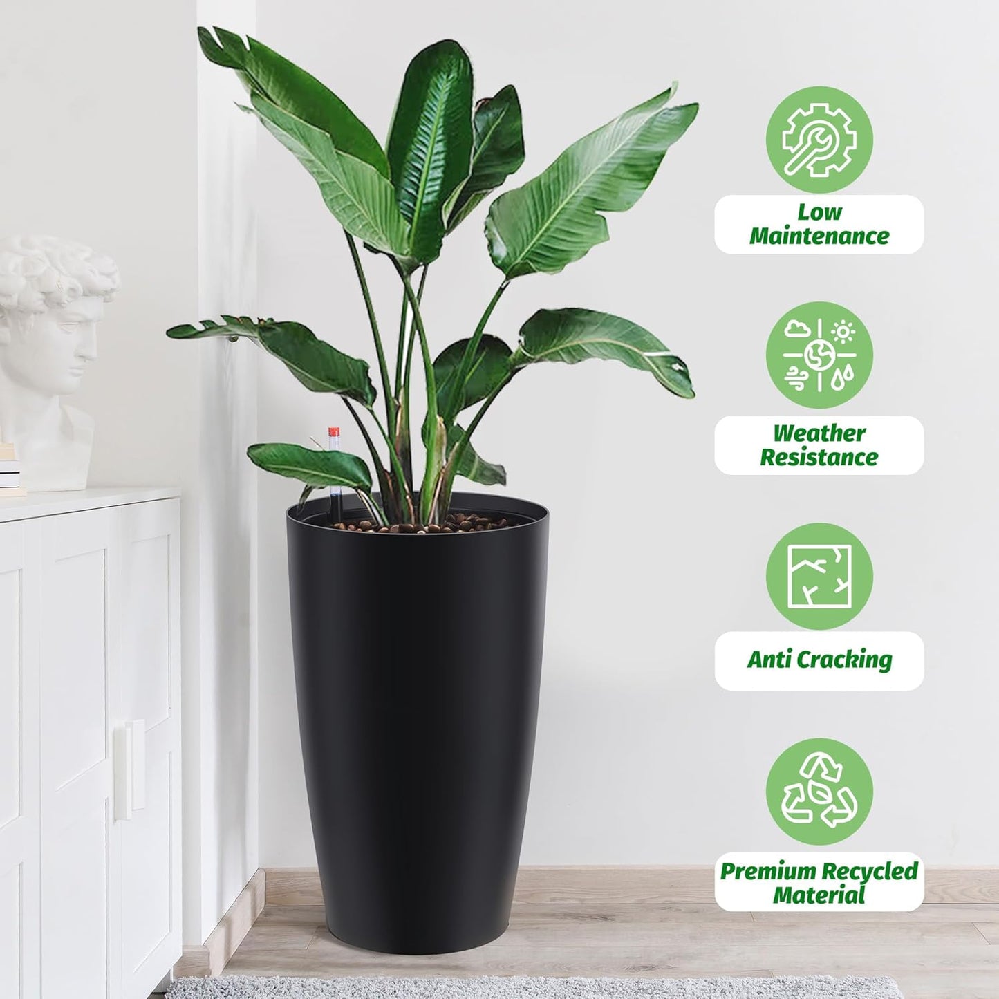 22" Tall Round Planter Set of 2, Self Watering Pots for Indoor Plants, Large Flower Pot Outdoor with Built-in Drainage and a Water Level Monitor, for Patio, Porch, Living Room, or Home Office, Black