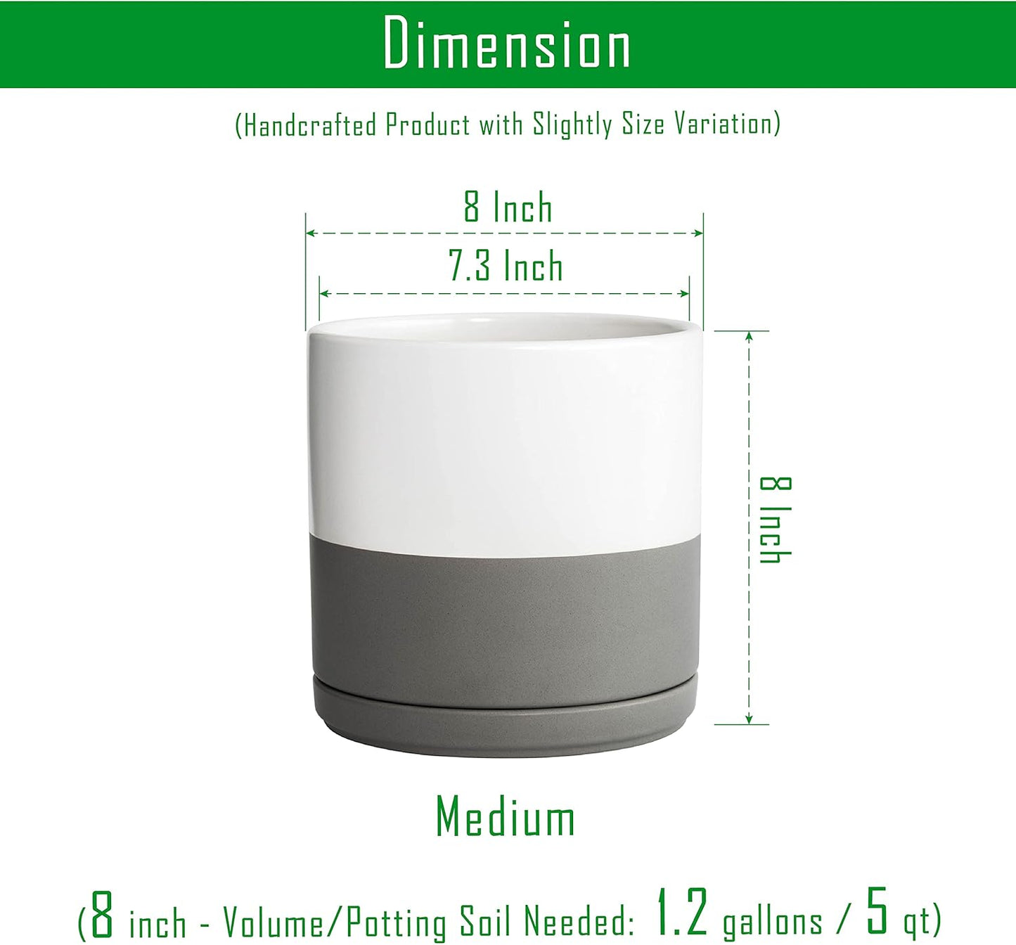 D'vine Dev Set of 2 Plants Pots, 8 Inch Ceramic Planter Pot for Plants with Drainage Hole and Saucer, White/Speckled Grey, 94-V-D-6