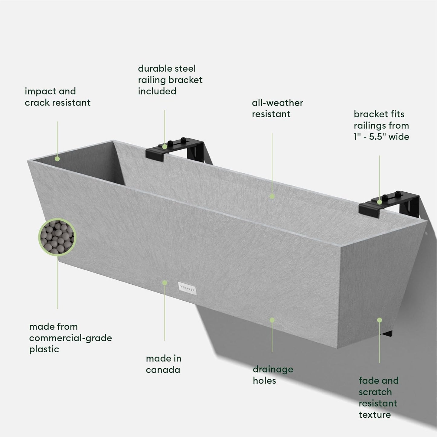 Veradek Pure Series Railing Planter - Plastic Hanging Planter for Outdoor Balcony/Fence | Durable All-Weather Use with Adjustable Brackets | Modern Décor for Flowers, Succulents, Hanging Plants